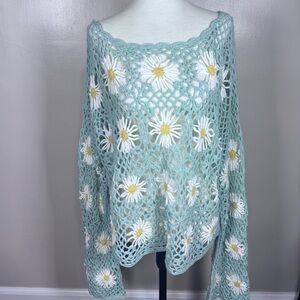 Pink Lily Sz XL Light Blue Daisy Crochet Long Bell Sleeves Cropped Boho Sweater